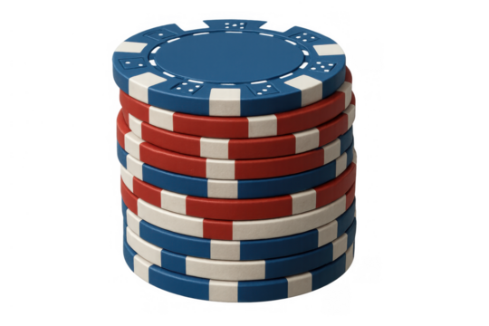 Stack of red, white, and blue poker chips, symbolizing gambling, casino games, betting, and wealth, transparent background