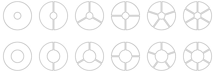 Pie chart set. Colorful diagram collection with 2,3,4,5,6 sections or steps. Circle icons for infographic, UI, web design, business presentation. Vector illustration.