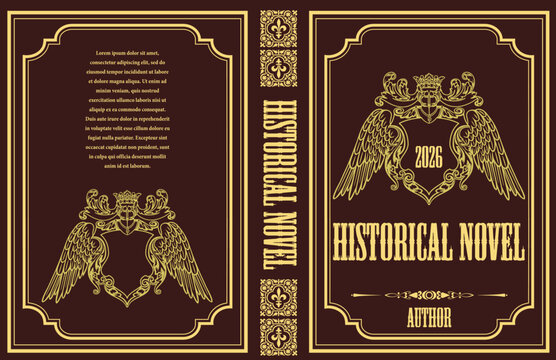 051-24-Old book cover with ornate frame and winged crest artwork for a historical novel