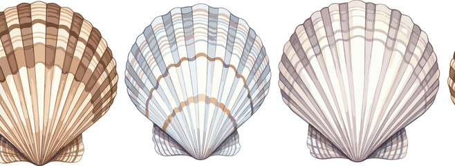 Watercolor scallop shell border design set in muted neutral colors, perfect for coastal, beach, seafood, ocean, and summer vacation design elements.