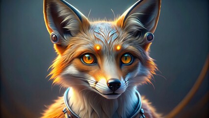 A captivating portrait of a stylized fox, adorned with futuristic elements, showcasing luminous eyes and intricate fur detail, a symbol of elegance and technological advancement