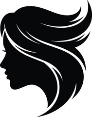 Woman's face profile silhouette with beautiful flowing hair, elegant vector graphic for beauty salon, hairdressing, and cosmetics logo design.