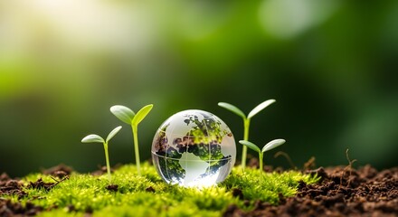 Crystal globe surrounded by seedlings symbolizing environmental conservation and sustainability