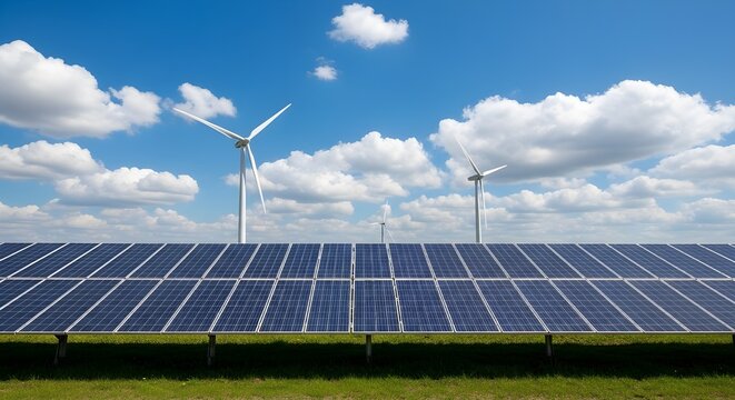 Renewable energy landscape solar panels and wind turbines under a cloudy sky
