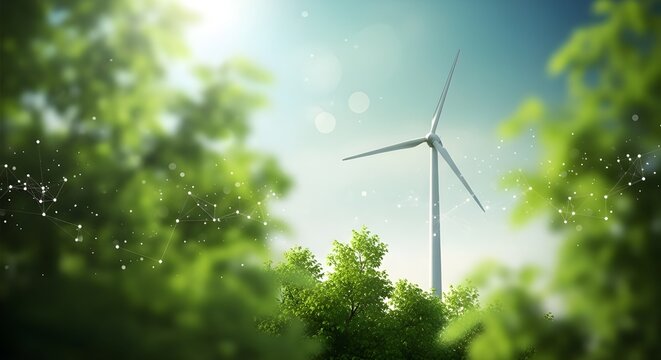 Wind turbine seen through green foliage renewable energy and sustainability concept - Powered by Adobe