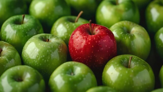 Cluster of green apples with one red apple in center