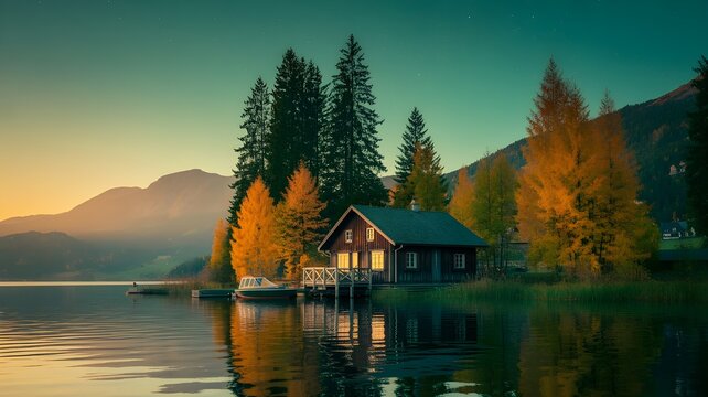 Peaceful lake scene from sunset to sunrise with soft reflections and surrounding nature