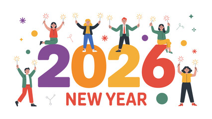 Festive New Year 2026: A vibrant illustration shows people celebrating New Year with sparkling star wands around big figures. This image radiates joy, unity, and the spirit of looking ahead.