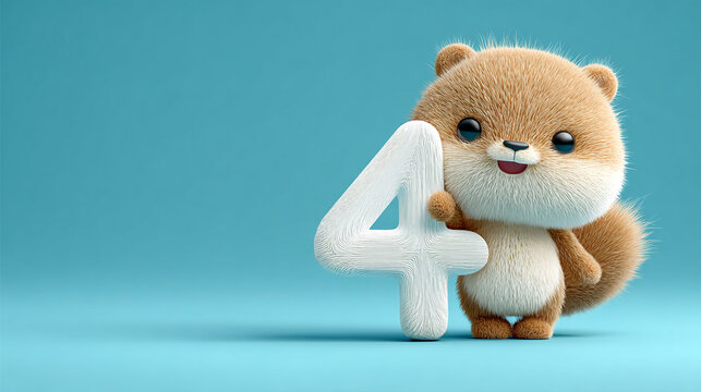 Cute animal holding number four, fluffy character with cheerful expression, bright background, playful design