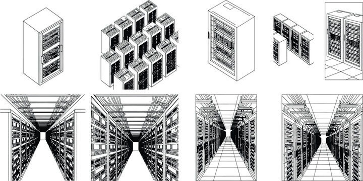 Detailed wireframe illustration of various server racks and network equipment for modern data center infrastructure