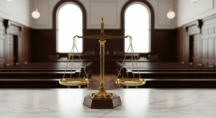 Golden scales of justice stand on a marble surface in a courtroom with arched windows