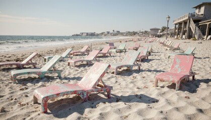 Colorful beach loungers waiting for sunbathers at a serene coastal retreat Generative AI