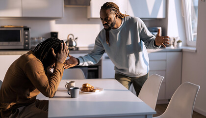 Emotional conflict at breakfast table, relationship argument, tension, mental health awareness