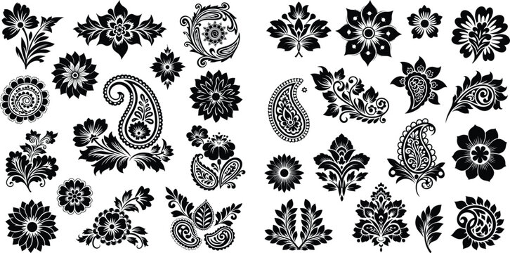Large collection of traditional Indian inspired floral and paisley decorative elements in solid silhouette shapes