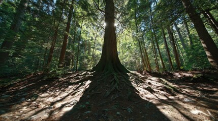Fototapeta premium Majestic tree roots in forest sunlight