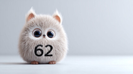 Cute fluffy animal with large eyes and number 62 displayed prominently. This adorable creature brings joy and warmth