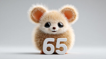 Cute fluffy animal with big ears and cheerful expression, holding number 65, perfect for playful themes