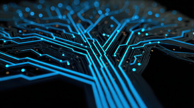 Glowing blue circuit board lines forming a tree structure