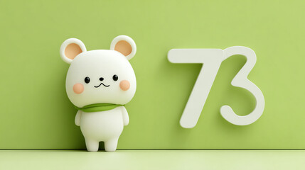 Cute animal figurine with friendly expression, standing beside large number 73 on green background
