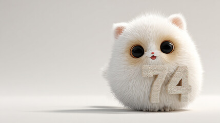 Fluffy white animal with large eyes and playful expression, featuring number 74. This cute creature brings joy and charm