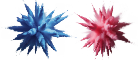 Blue and pink powder explosions isolated on a transparent background