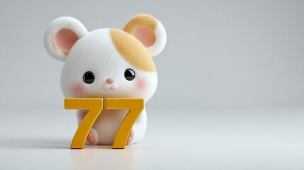 Cute animal character with soft texture, featuring white and tan color scheme, holding number 77, evoking playful and cheerful