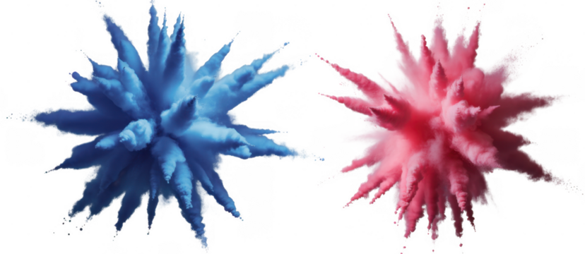 Blue and pink powder explosions isolated on a transparent background