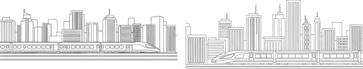Obraz premium Outline illustration of a modern cityscape featuring tall buildings and a sleek high speed train passing by