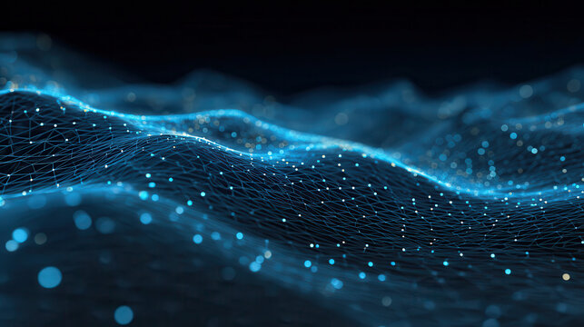 Abstract blue digital waveform with glowing particles
