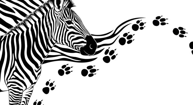 Zebra stripe patterns seamlessly flowing into animal footprints, using high contrast black and white for modern wildlife conservation themes. International Zebra Day