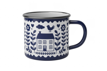 Blue and white enamel mug with folk art design isolated on a transparent background