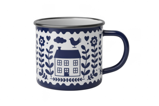 Blue and white enamel mug with folk art design isolated on a transparent background