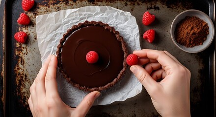 Hands Decorating Chocolate Tart with Fresh Raspberries raspberry