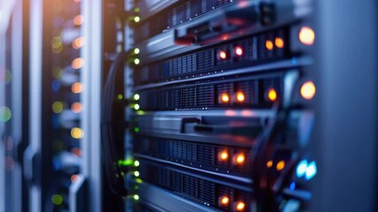 Close-up of server racks with illuminated LED lights in data center - Powered by Adobe
