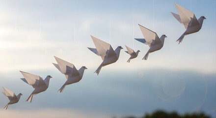 Elegant arrangement of white origami doves in midair, suspended by invisible threads against a blurred sky background, with gentle natural light and subtle lens flare to represent peace. 