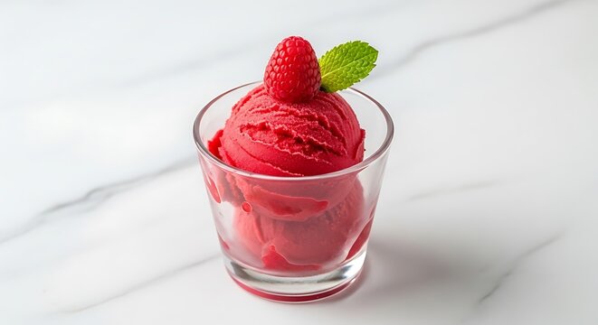 Raspberry Sorbet Ice Cream in a Glass with Fresh Raspberry and Mint Leaf dessert fruit