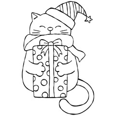 christmas Cute cat wearing a hat, holding a festive gift box.