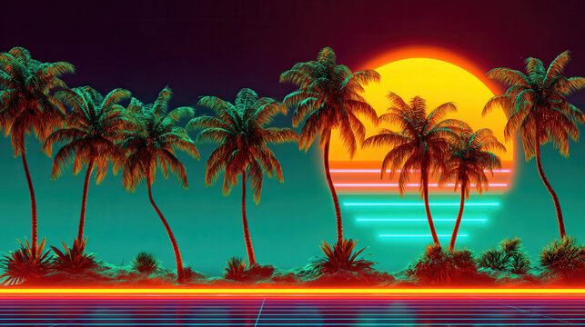 Retro sunset over tropical palm trees with neon glow