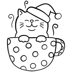 christmas Cute cat wearing a Santa hat in a cartoon cup.