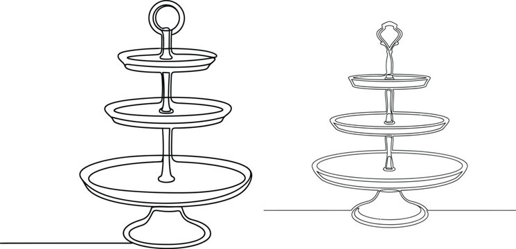 Two tiered serving stands in varied line drawing styles, featuring multiple plates for elegant dessert presentation setups