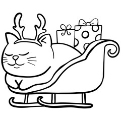 christmas Sleeping cat in a sleigh with gifts and antlers.