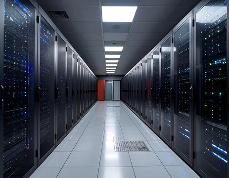 A long data center hallway with servers and overhead lighting
