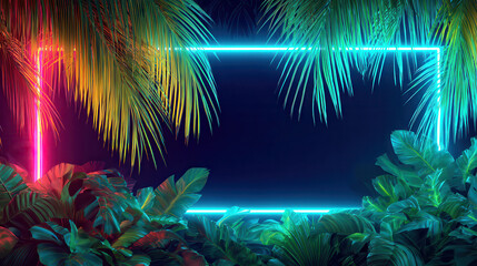Vibrant neon frame surrounded by lush tropical foliage at night