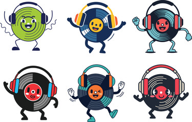 Dancing vinyl record mascot logo wearing headphones in minimalist 2D vector style for music designs