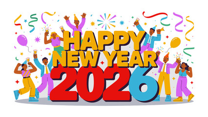 New Year Celebration 2026: A vibrant and celebratory illustration showcases a diverse group of people welcoming the New Year with joy, confetti, and festive cheer.