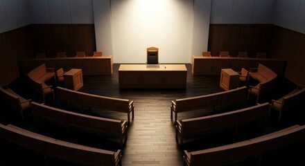 Empty courtroom with wooden benches judge's bench and witness stand under spotlight