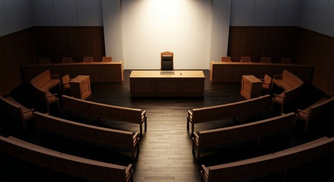 Empty courtroom with wooden benches judge's bench and witness stand under spotlight - Powered by Adobe