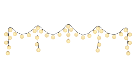 Warm glowing string lights garland for festive decoration, party celebration, holiday event, wedding, or Christmas design element isolated on transparent background