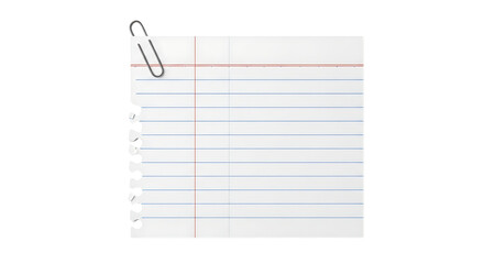 Blank Lined Paper Sheet with Silver Paperclip and Torn Edge, Perfect for Notes or Text, Isolated on Transparent Background
