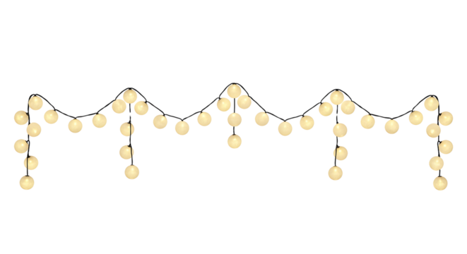 Warm glowing string lights garland for festive decoration, party celebration, holiday event, wedding, or Christmas design element isolated on transparent background